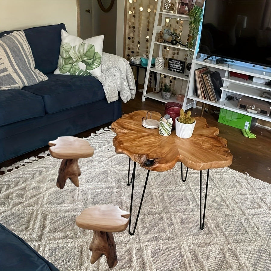 Stylish cedar wood side table with natural edge. Perfect for home, kitchen, or patio. Use as coffee table, plant stand, or bedside accent.