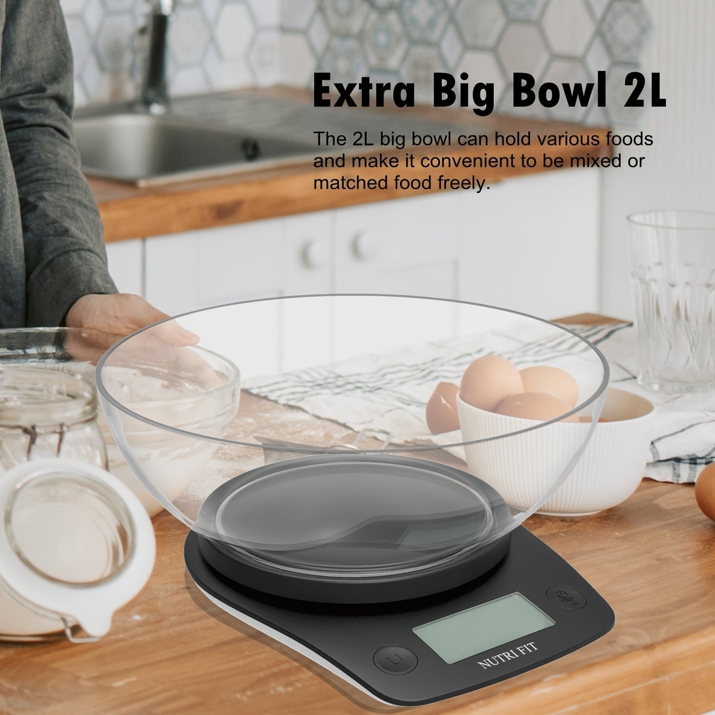 The NUTRI FIT digital kitchen scale offers high precision weighing up to 11lb with 1g accuracy. Ideal for cooking, baking, and weight loss, this scale includes a bowl tare feature and clear LCD display for easy use. It is powered by AAA batteries (not