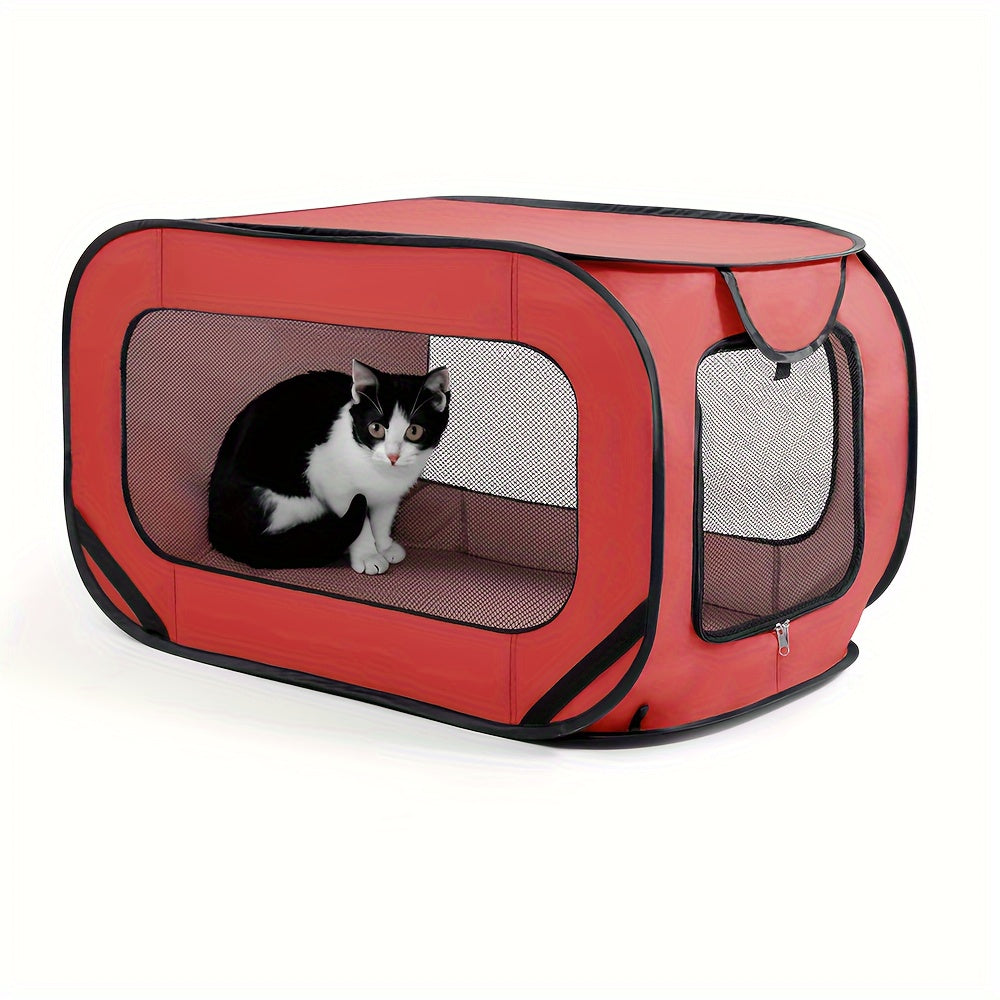 Portable cat cage with lockable zipper, foldable for travel, indoor/outdoor use, and easy storage.