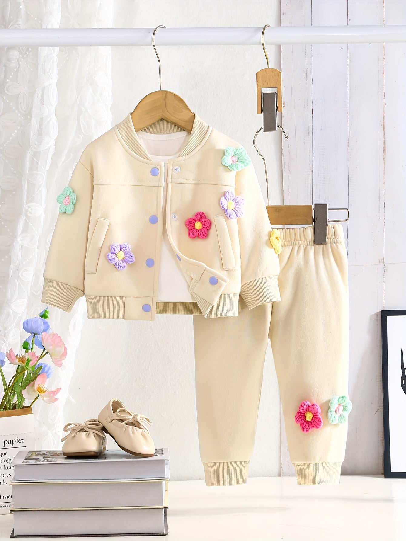 Baby girl's 2-piece colorful flower varsity + casual pants set for outdoor wear in fall and spring.