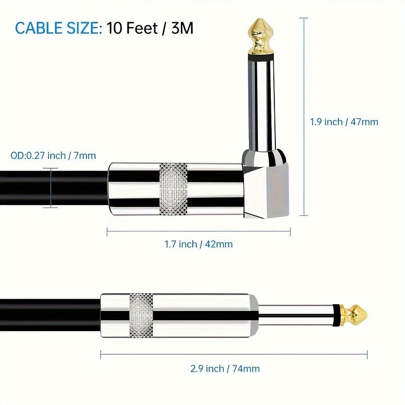 Durable, low-noise guitar cable with right-angle connectors, available in 3.05m or 6.1m lengths, perfect for bass and amplifier audio.