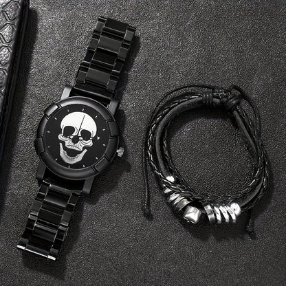 Set of 2, Men's Business Skull Dial Quartz Wrist Watch and Bracelet.