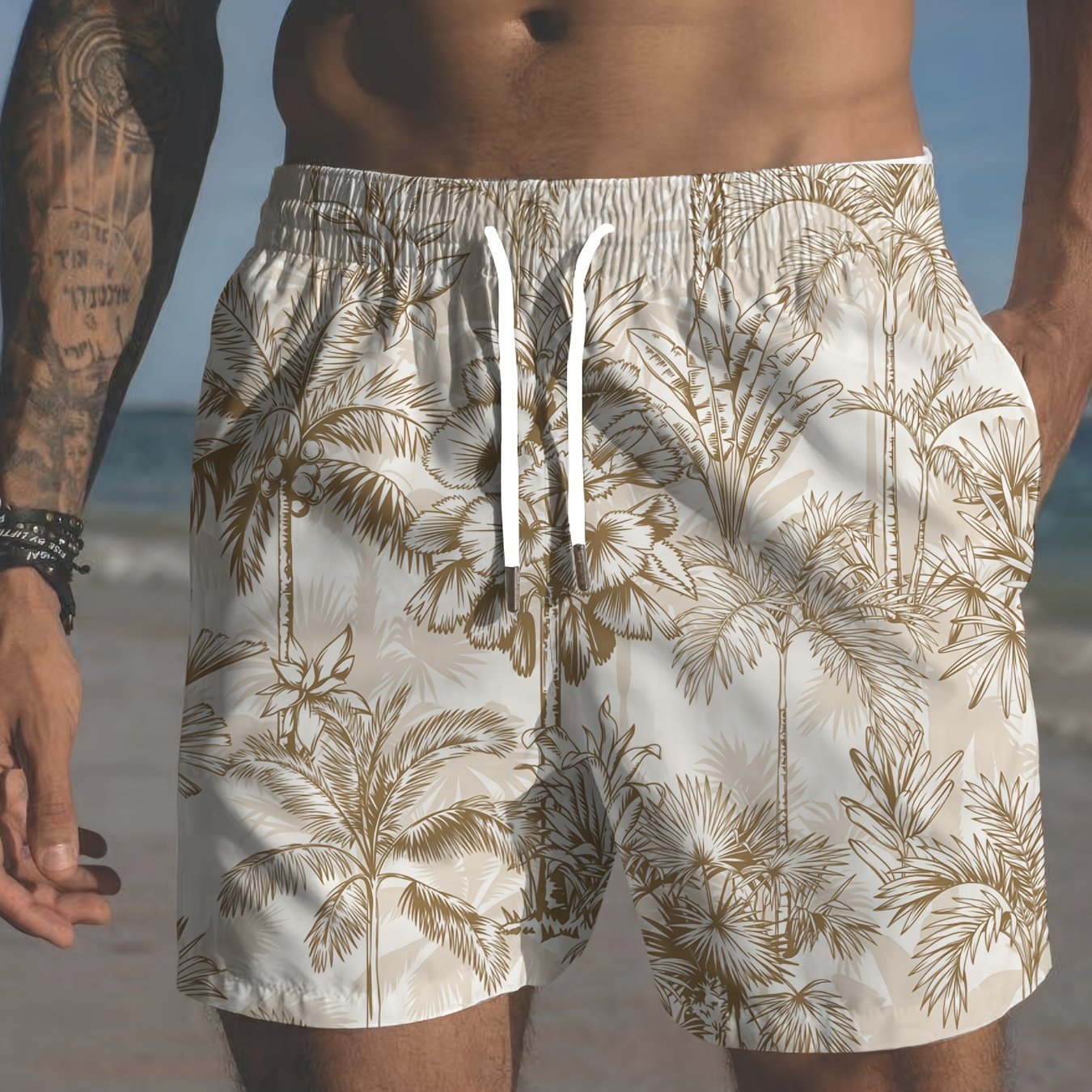 Men's plus-size Hawaiian beach shorts with palm trees print and pockets, ideal for casual swimwear.