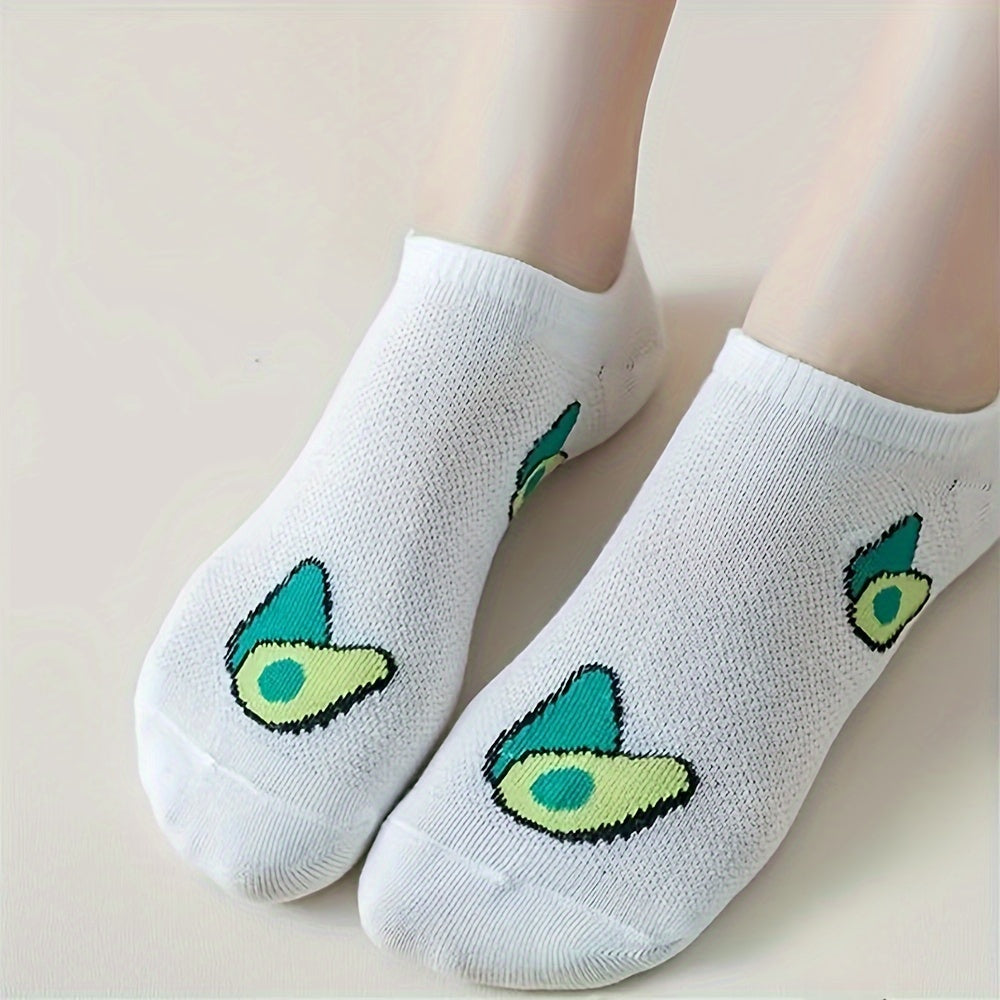 5 pairs of soft and lightweight low cut ankle socks featuring an avocado print, suitable for women.