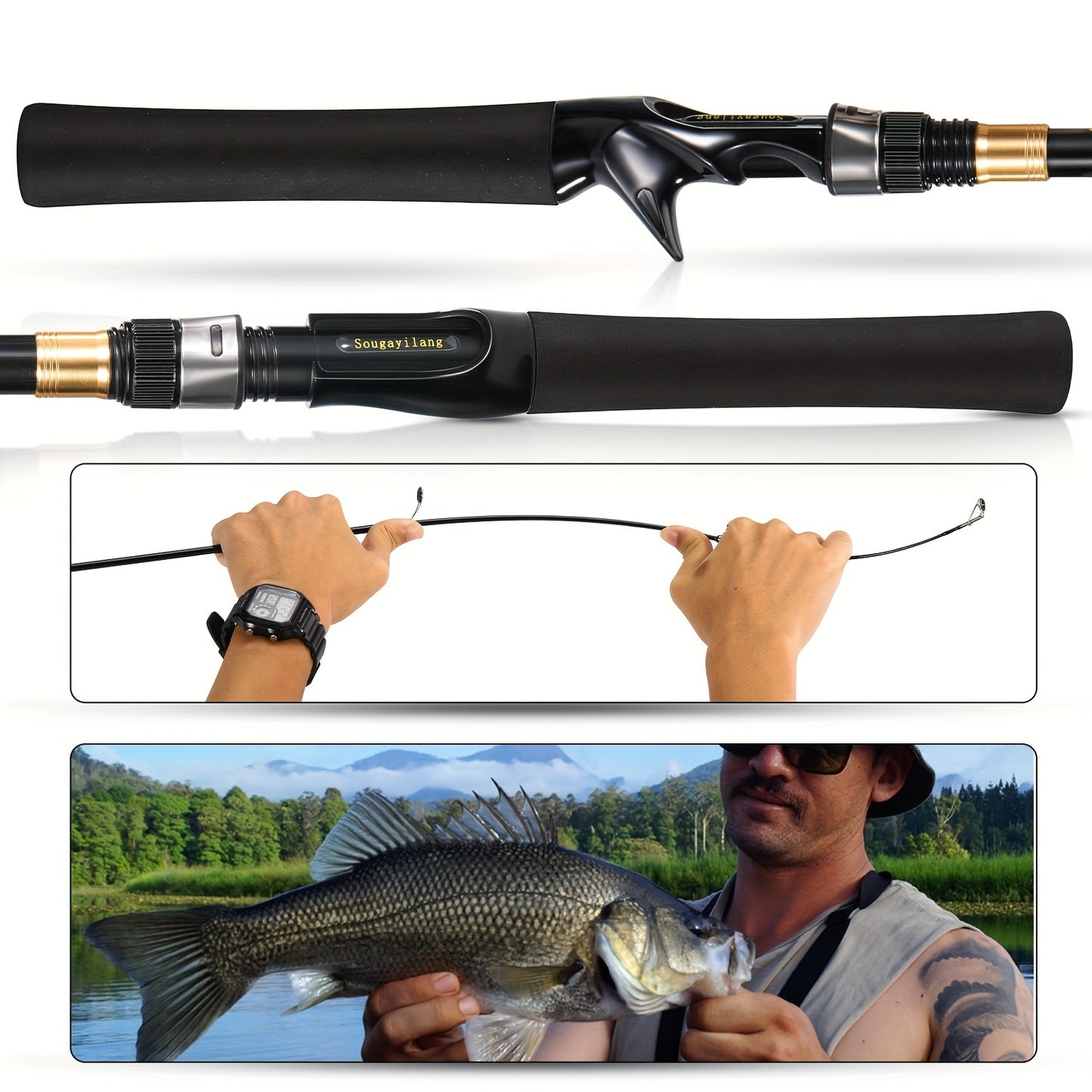 Sougayilang telescopic fishing rod made of carbon fiber with EVA handle, suitable for freshwater and saltwater fishing.