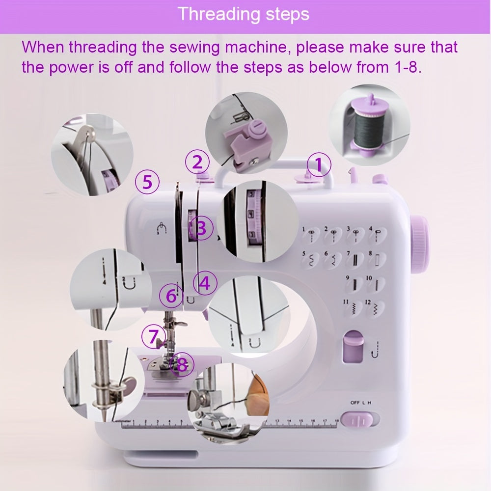 505A Portable Electric Sewing Machine - 12 Stitches, Adjustable Speed, Reverse Function, Ideal for Beginners & Home Use, Purple