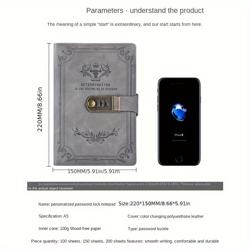 Thickened A5 retro password notebook with lock.