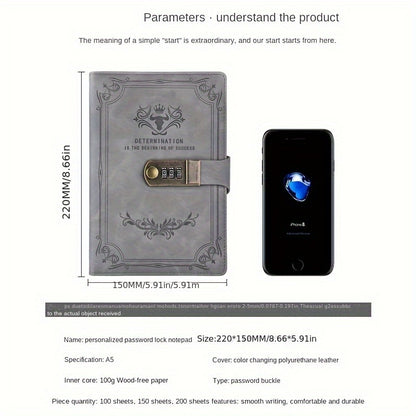 Thickened A5 retro password notebook with lock.