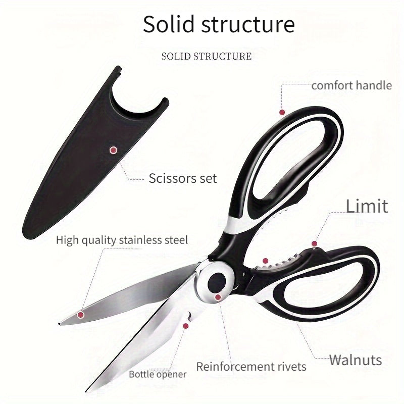 1 piece of Kitchen Scissors, including Poultry Shears, Kitchen Shears, Kitchen Fish Bone Scissors. Made of Multifunctional Stainless Steel, perfect for cutting Duck, Fish, and Chicken Bones. Also includes Food Scissors, Kitchen Meat Scissors, Nut Opener