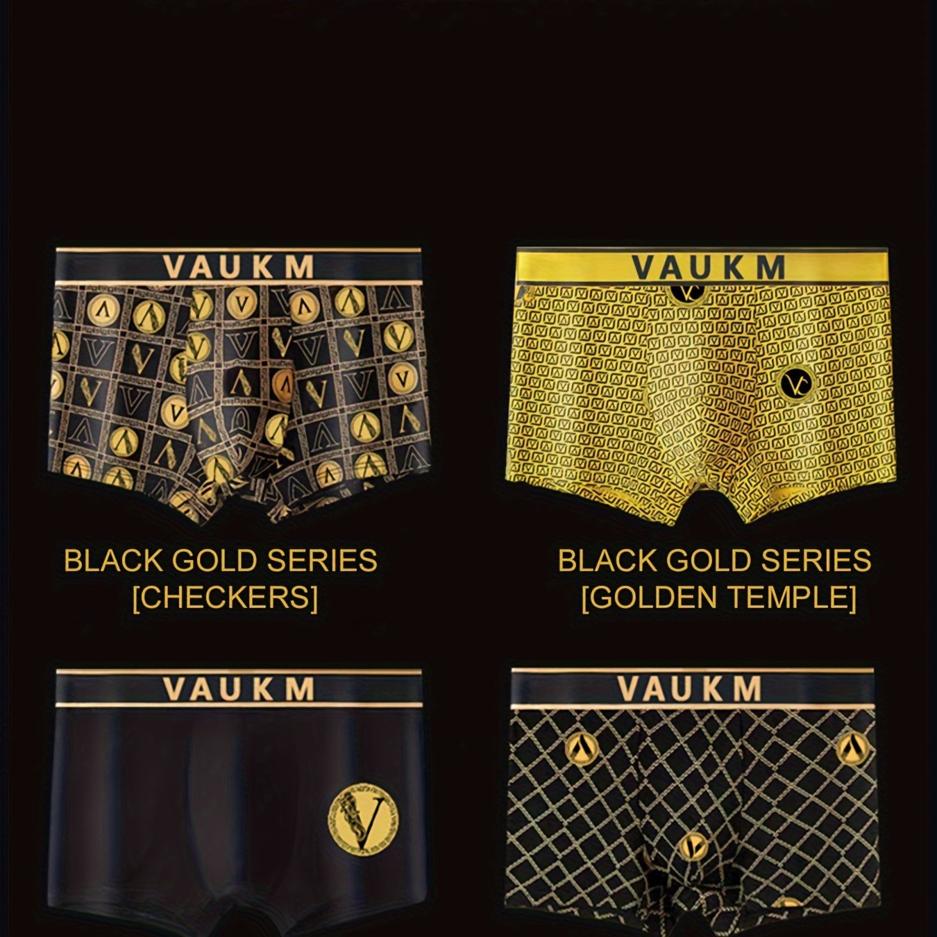 Men's Black Golden Boxer Brief Shorts, Breathable and Stretchy, 4pcs