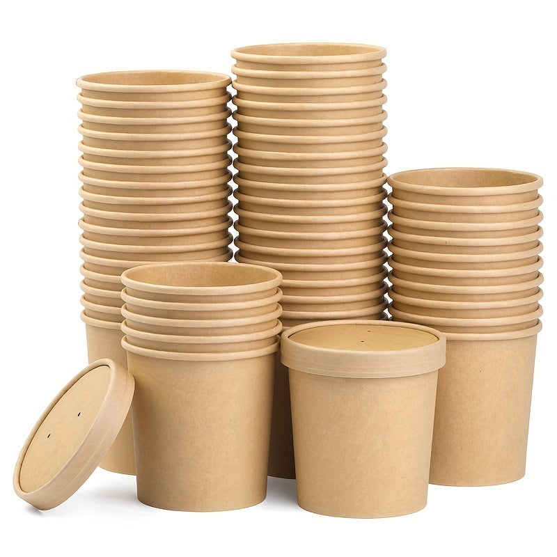 50 pieces of paper bowls with lids, ice cream cups with lids that hold 16 ounces, disposable paper soup cups, paper food containers, kitchen accessories, and home kitchen items in brown color.