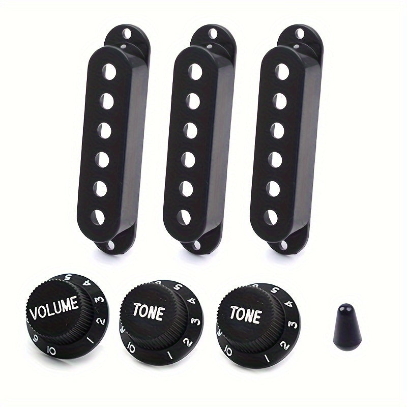 Set of 3 uncharged plastic electric guitar pickup covers with volume & tone knobs and switch cap. Fits 48/50/52mm single coil pickups.