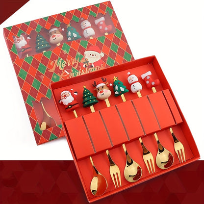 Christmas-themed stainless steel cutlery set includes 4 or 6 pieces in a gift box, featuring Santa, Christmas tree, and reindeer figurine designs. Perfect for serving desserts, cakes, fruit, and coffee during the holiday season. Great gift idea for