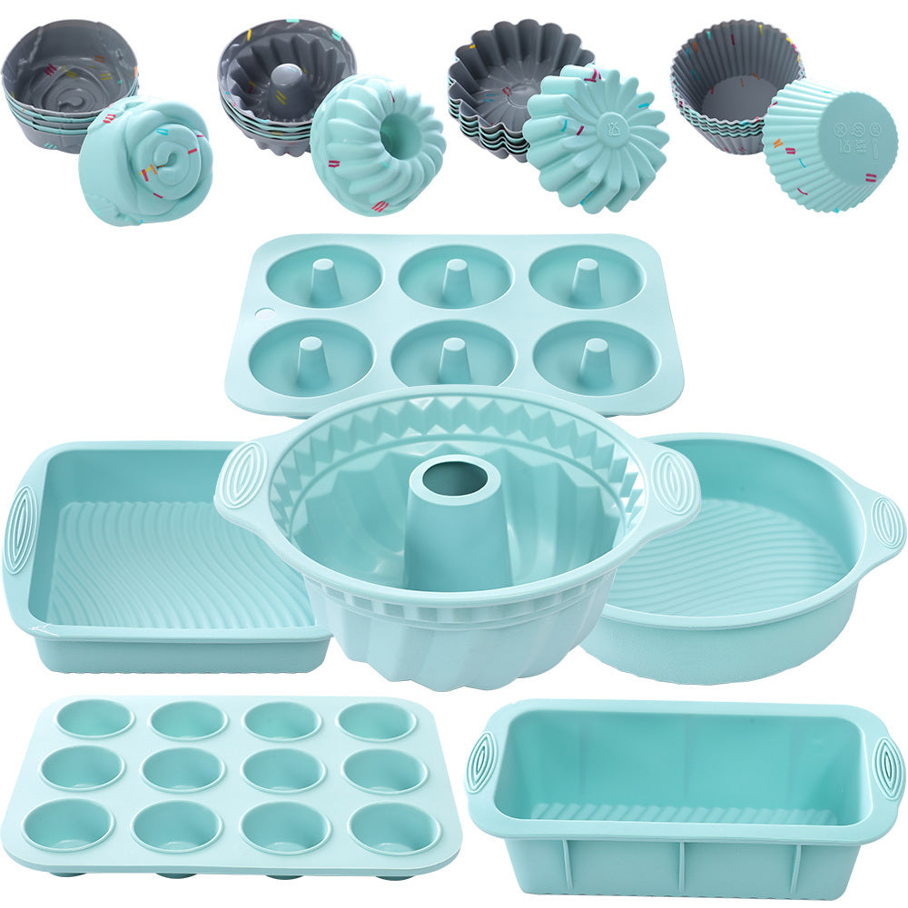 A 30-piece silicone kitchen baking supplies set includes nonstick silicone bakeware such as a baking pan, cake molds, baking sheet, donut pan, muffin pan, and cake pan, as well as a 24-pack of silicone cupcake mold baking cups.