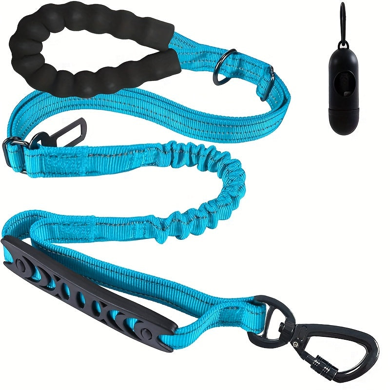 Bungee dog leash with 2 padded handles, reflective threads for medium to large dogs, 4-in-1 multifunctional design with car seat belt.