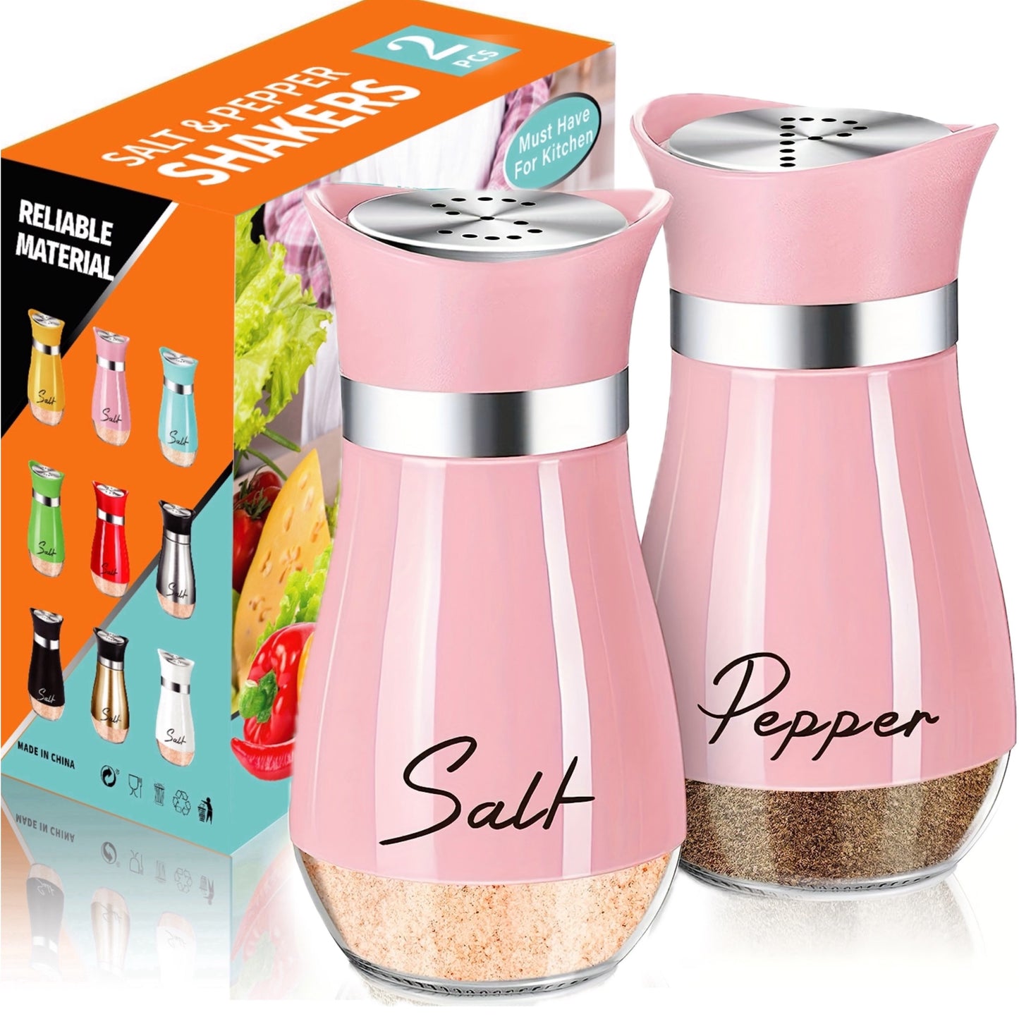 4 oz Glass Salt and Pepper Shaker Set with Stainless Steel Lid in Pink for Kitchen, Table, RV, Camping, BBQ - Refillable