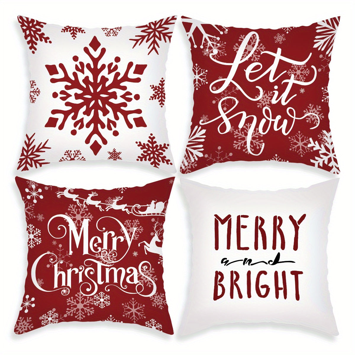 Set of 4 Christmas-themed pillowcases with various designs, 45.72cm X 45.72cm.