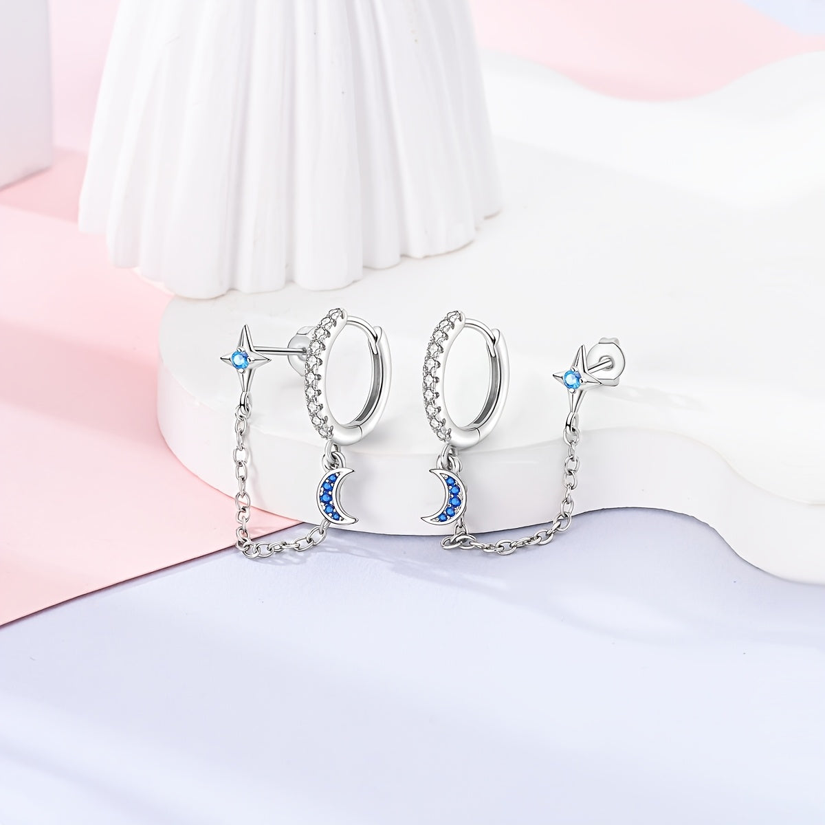 Stylish Double-Layered Hoop Earrings with Elegant Blue Stars and Moon Tassels, Made with 925 Silver-Plated Copper and Synthetic Zirconia. Perfect for Women's Everyday and Vacation Outfits. Versatile Jewelry for All Seasons.