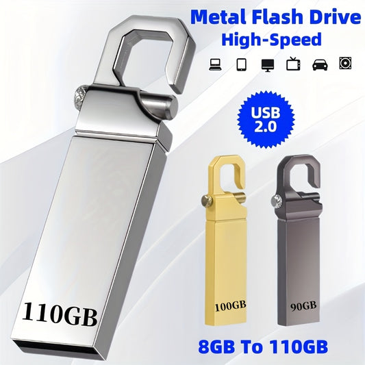 Metal Flash Drive USB 2.0 with capacities from 8GB to 110GB. Durable, portable storage for transferring and backing up photos, videos, and data. Compatible with a variety of devices. Great