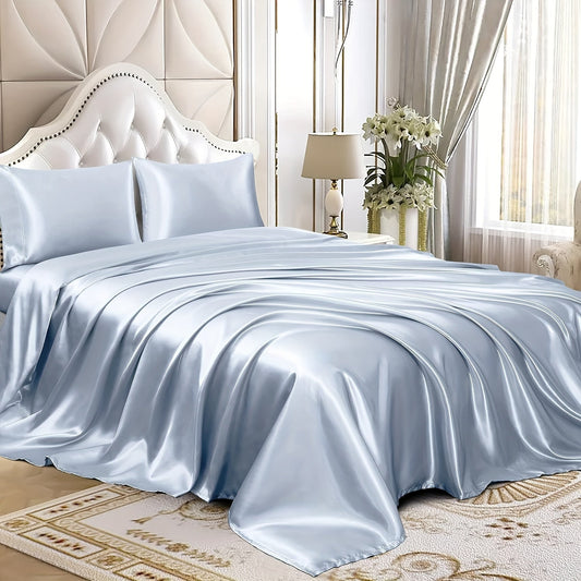 Set of 3 or 4 Solid Color Fitted Sheets made of satin fabric, providing soft, comfortable, and breathable bedding for the bedroom or guest room. Includes 1 flat sheet, 1 fitted sheet, and 1 or 2 pillowcases (without core).