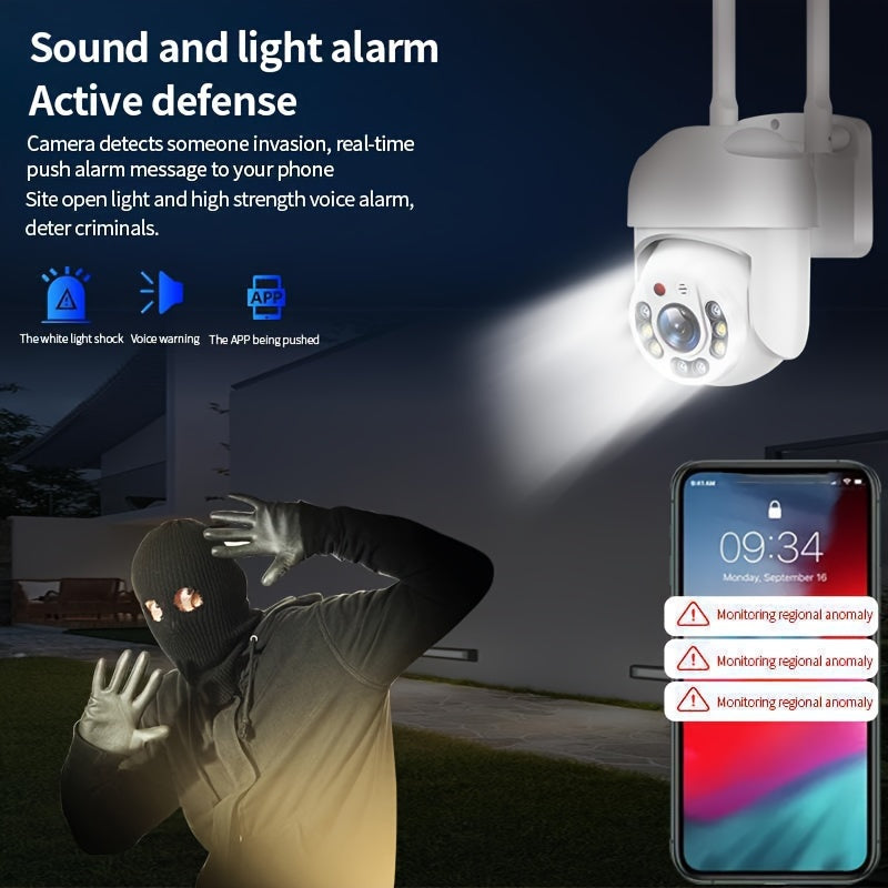 Outdoor Wifi PTZ security camera with auto tracking, 360 degree surveillance, day and night full color, AI motion detection, two-way voice intercom, and 2.4GHz connectivity.