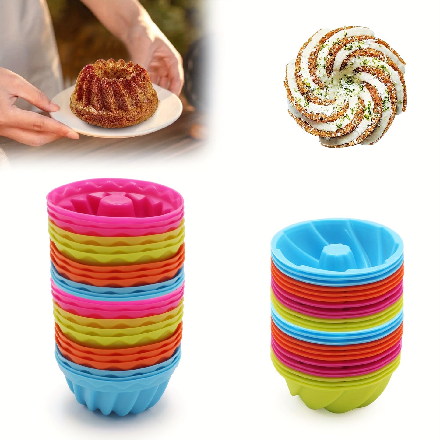 Silicone Bundt Keks Qovoq Seti - 12 ta yopishmaydigan Mini Fluted Keks Qoplari, 6.35 sm Spiral Silikon Qovoqlari - Bagel, Muffin, Jeli va Keks Pishirish uchun Isiga Bardoshli Pishirish Asboblari