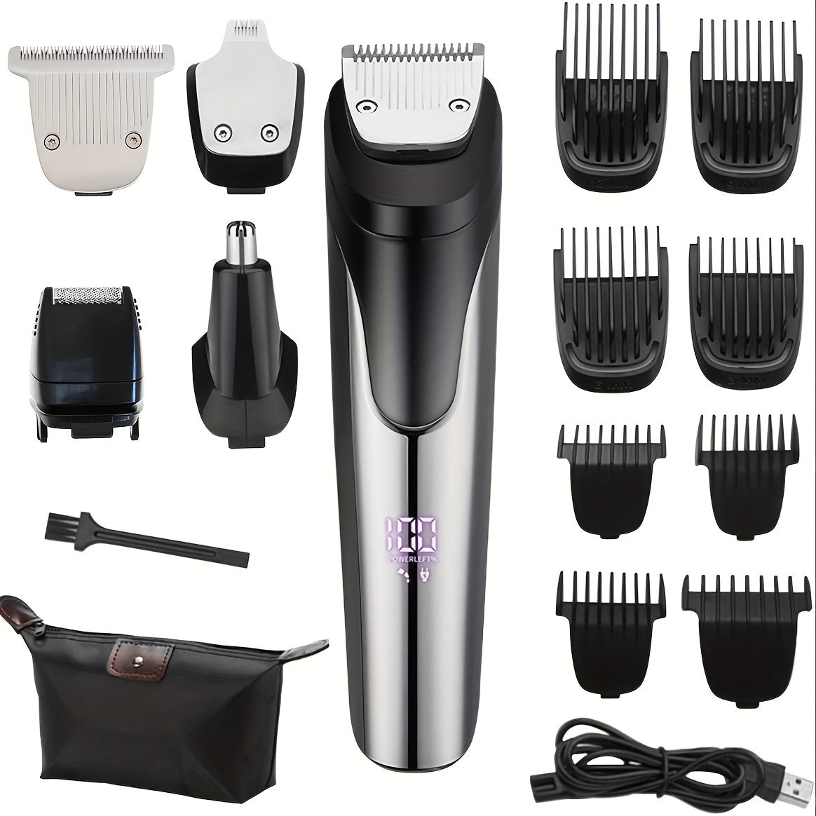 Men's all-in-one grooming kit with USB rechargeable cordless beard trimmer and LED display, ideal for Father's Day gift.