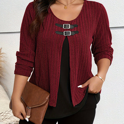 Stylish plus-size women's top with colorblock faux fur detail, stretchy polyester blend, machine washable - ideal for fall/winter seasons.