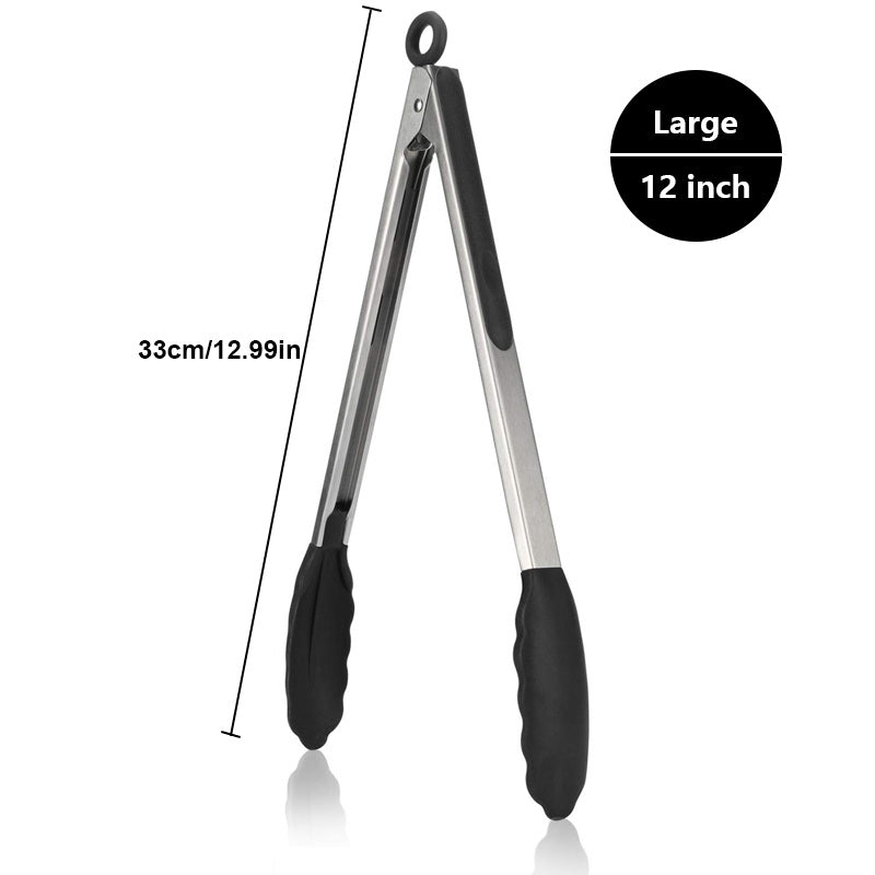 1PC Silicone-tipped Kitchen Tongs, High Heat Resistant with Locking Feature, Heavy Duty with Great Grips, available in 7", 9" and 30.48 cm, Black.