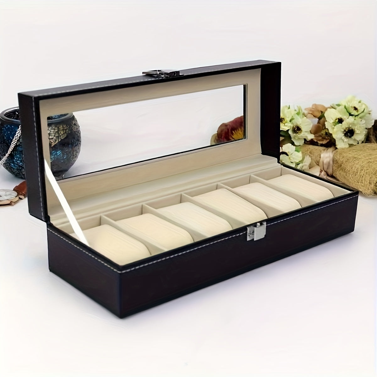 New faux leather watch storage box with velvet interior, designed to hold 6 watches and display jewelry.