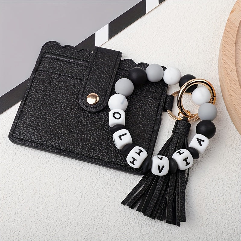 Custom PU Leather Keychain featuring Silicone Beads and Tassel - Add your Name or Initials for a Unique Touch - Great for School, Work, or Special Events