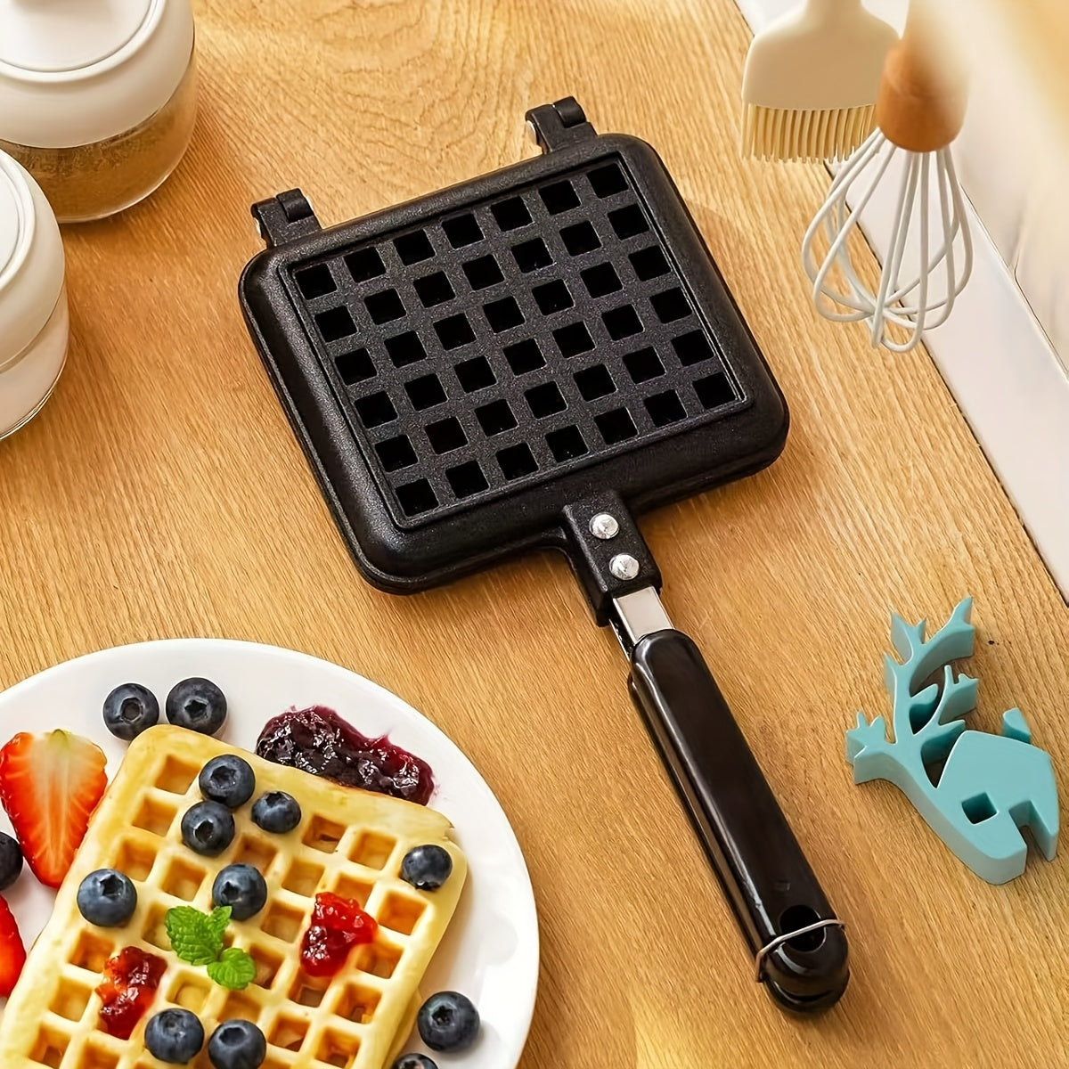 Square waffle maker for gas stovetops, perfect birthday gift for cooking enthusiasts.