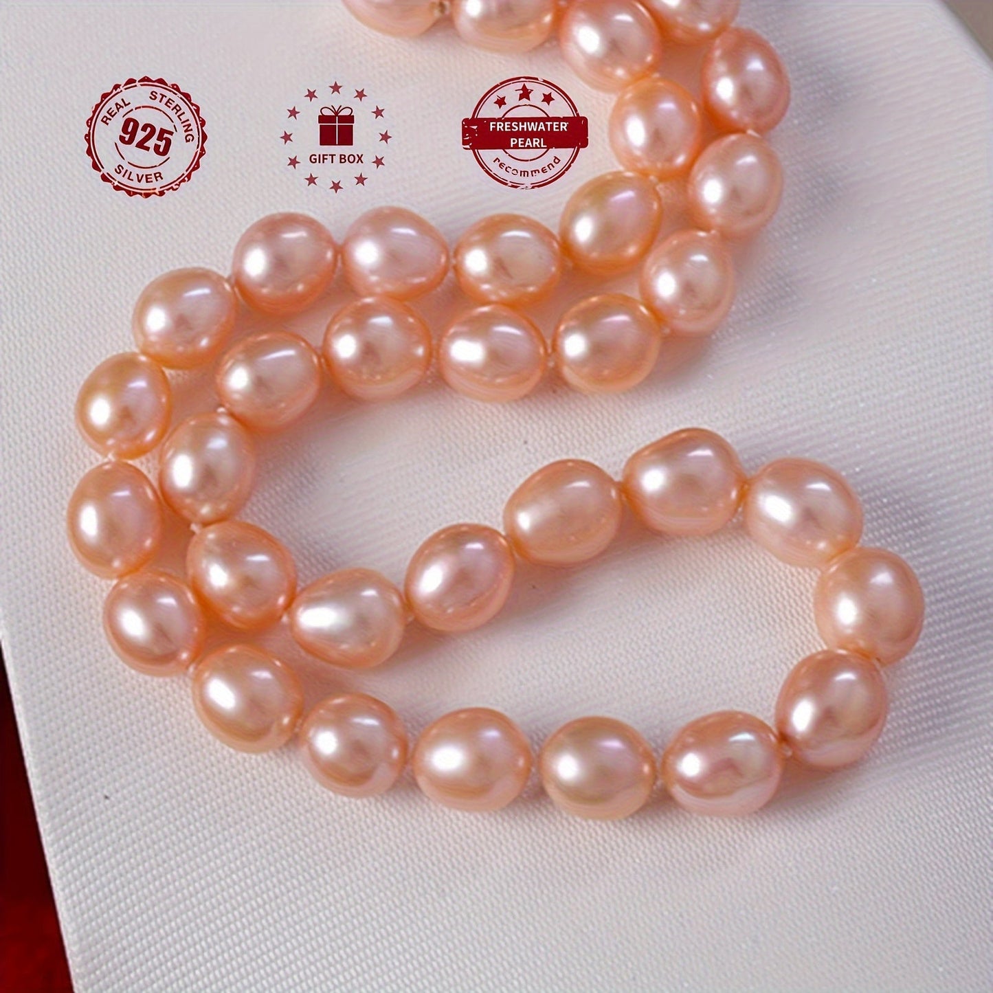 Necklace featuring freshwater pearls in rice shapes, accented with a silver-plated big natural pearl, presented in a gift box.