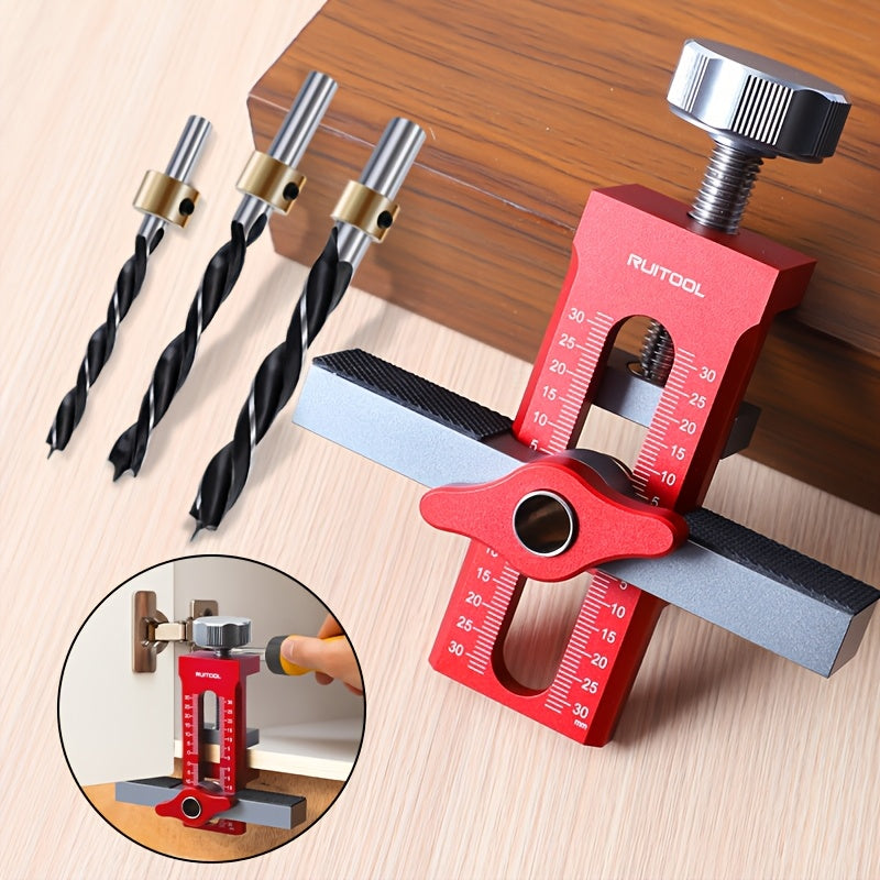 RUITOOL 2 In 1 Cabinet Door Installation Positioner made of rust-resistant aluminum alloy with non-slip design. Includes drill bits and has a clamping range of 7-40mm. Ideal for cabinet