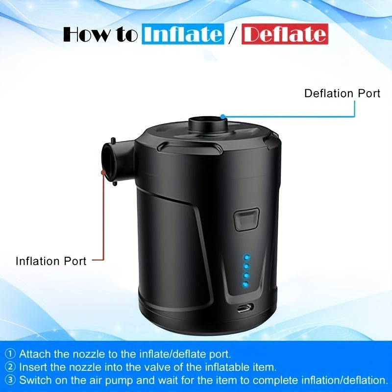 Portable dual-purpose electric pump for swimming pool, air mattress, etc. - 5200mAh rechargeable battery, black.