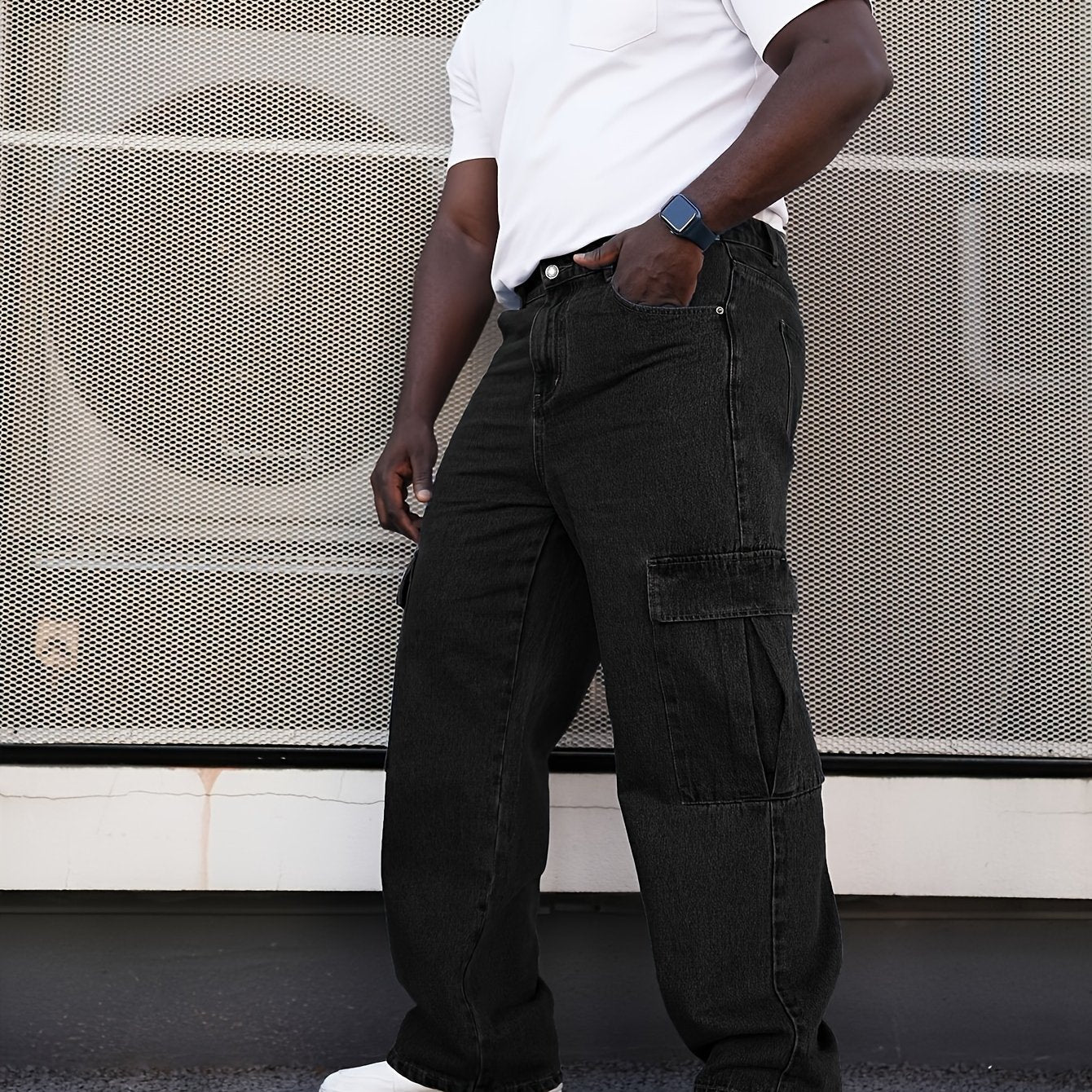 Men's plus size cargo jeans with a casual, solid color cotton blend fabric, featuring pockets and a loose fit for all-season wear.