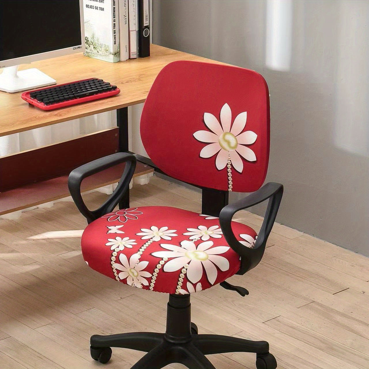 Elastic slipcover for computer dining chair, spandex material, washable and suitable for office or home decor.