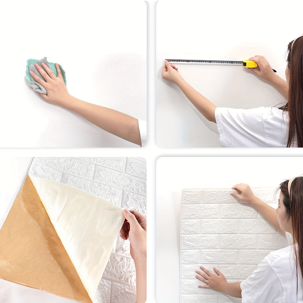 Waterproof self-adhesive wallpaper with 3D brick pattern, easy to apply for home renovation and bedroom decor.