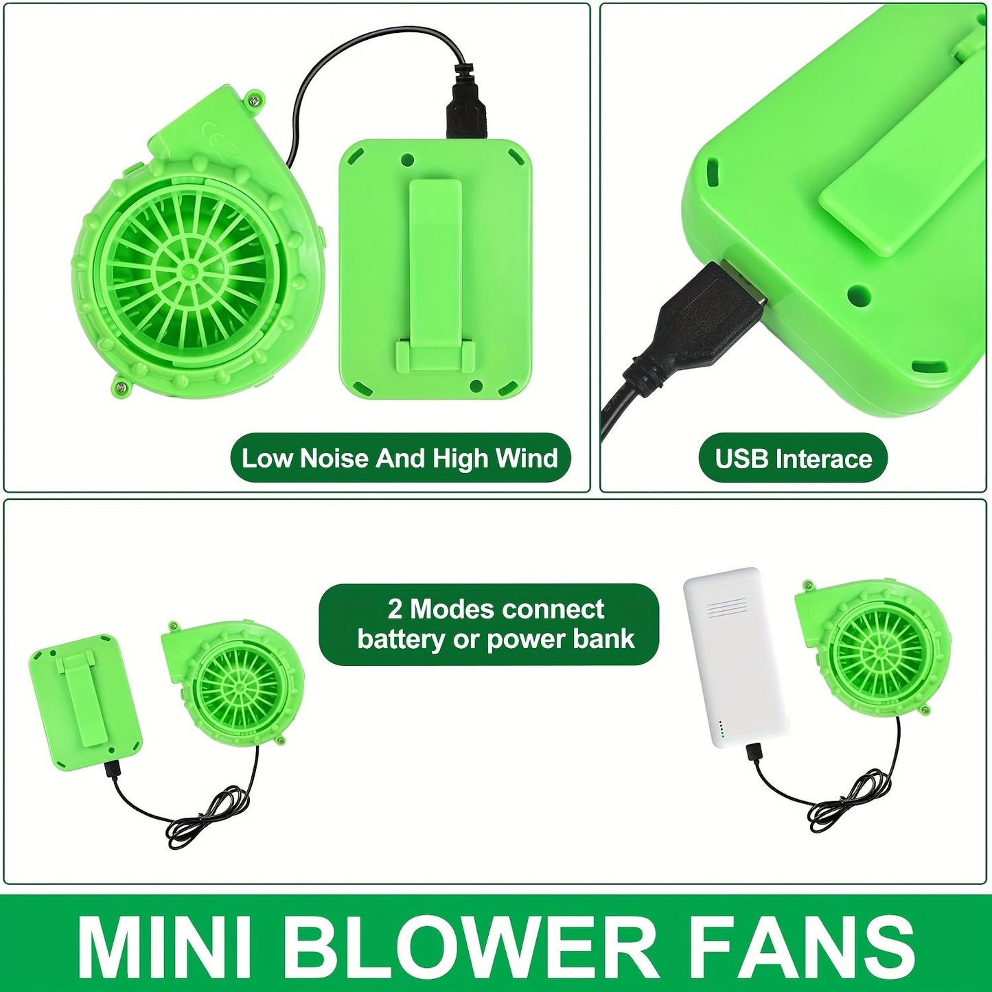 Get ready to party with the Portable Mini Inflatable Costume Fan in a vibrant green color! This fan comes with a USB plug and battery box for dual power modes (AA batteries not included). Perfect for Halloween, Christmas, and parties, this fan is a