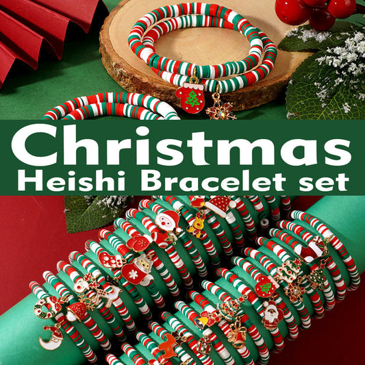 Set of 10 Bohemian Style Christmas Heishi Bracelets, featuring Adjustable Elastic Twin Bracelets adorned with Ceramic Beads, Santa Claus Snowflake Charms. Ideal for Holiday Party Favors and New Year Celebrations.