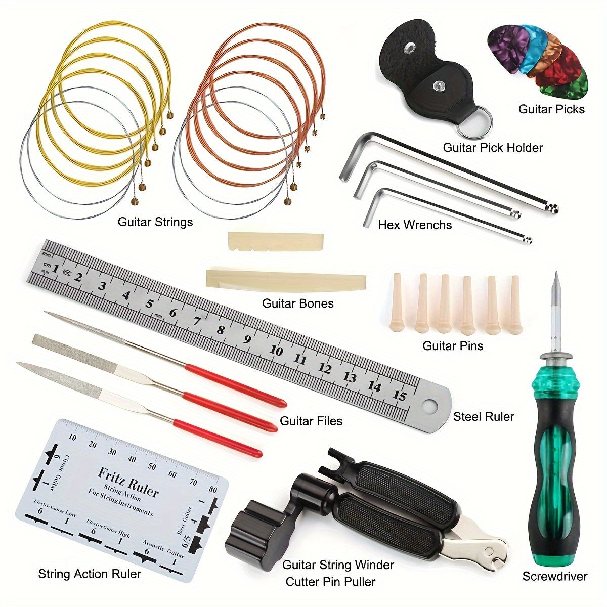 Guitar Repair Kit Set - Ideal Gift for Musicians and Guitar Enthusiasts, includes String Changing Tool, Tuning Wrench, File, Ruler, and Accessory Bag.