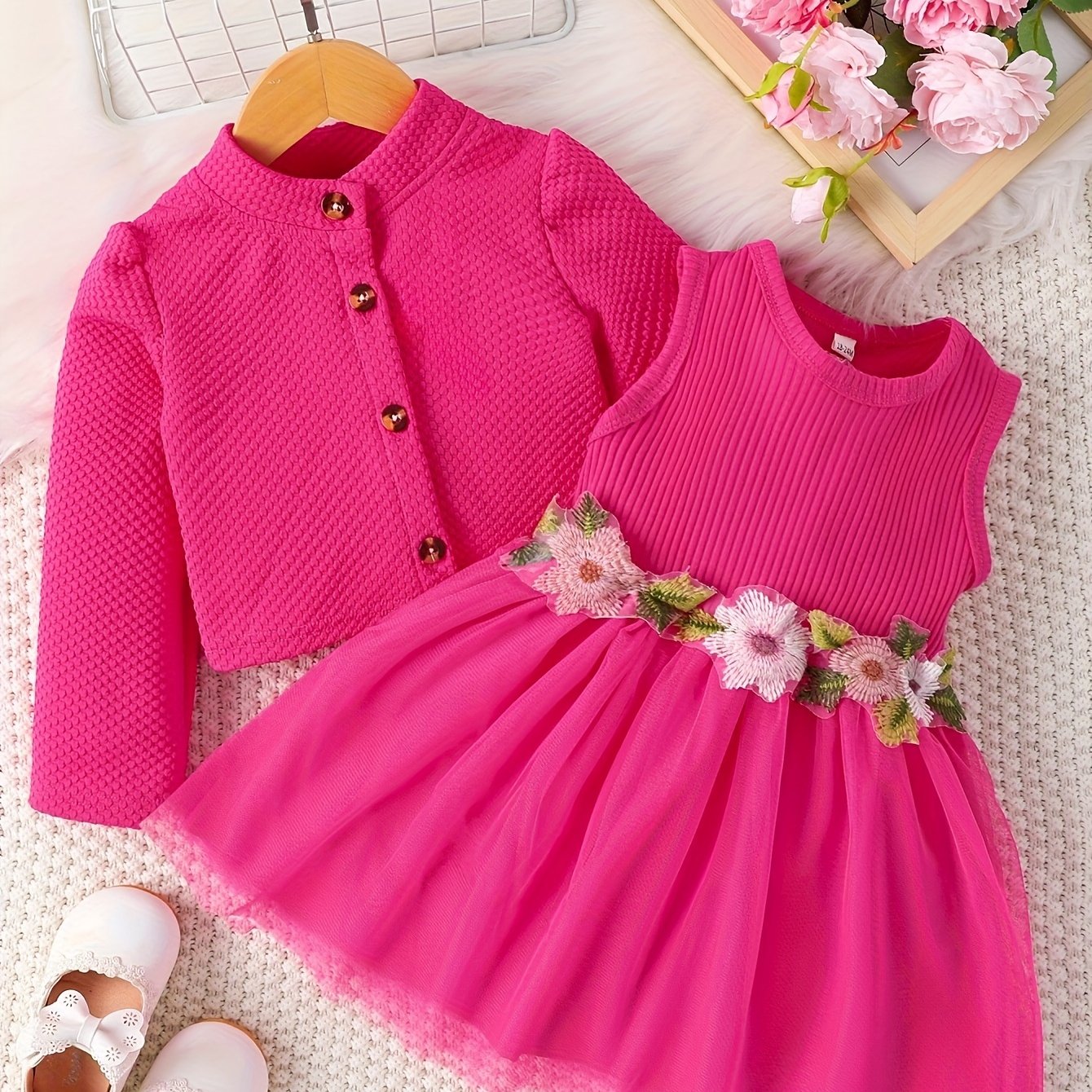 Floral dress set with long sleeve jacket for girls.