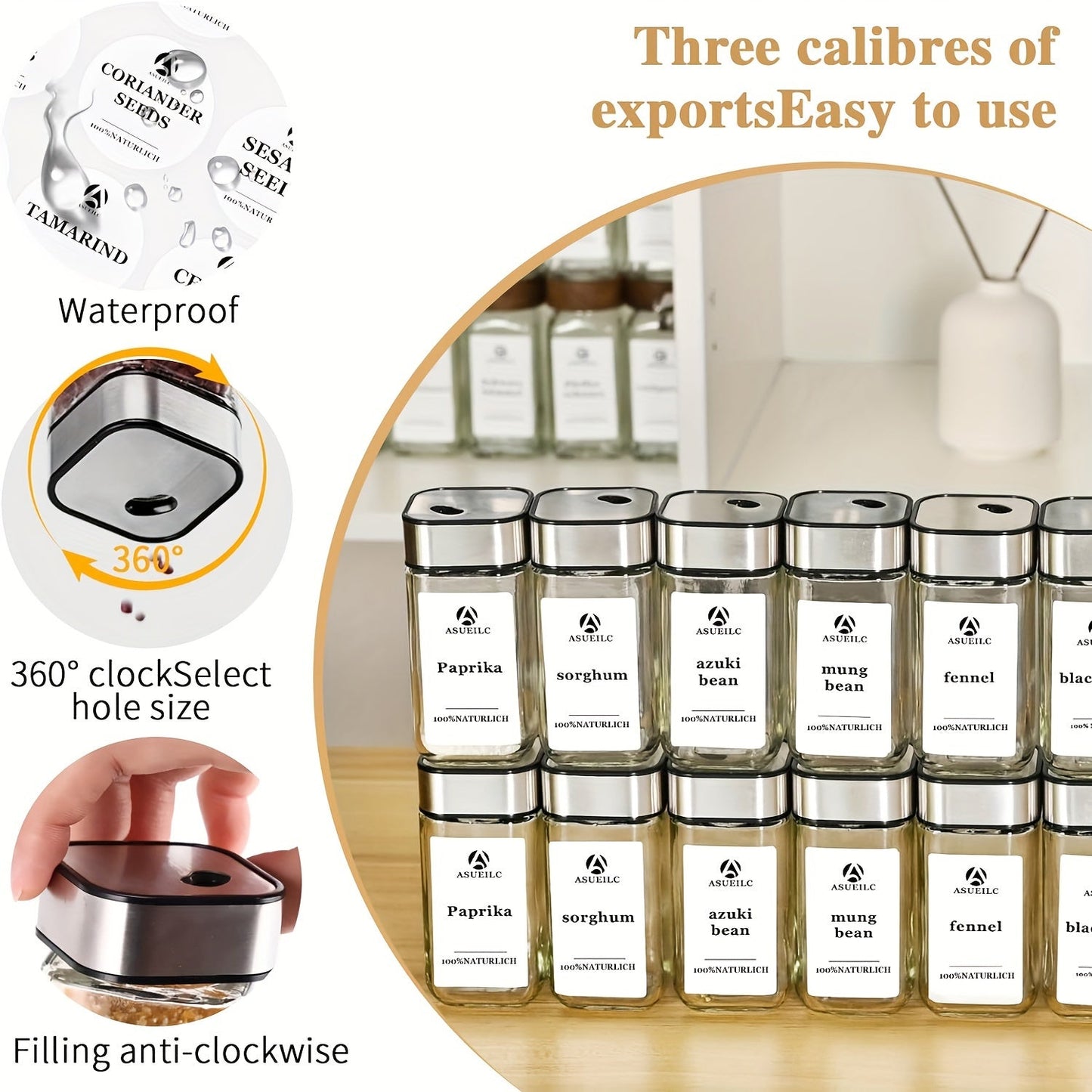 Set of 24 square glass spice jars with writable labels, featuring twist-top lids with multiple sealing holes. This collection includes pens, hose brushes, and stainless steel funnels. Ideal for organizing spices in your home kitchen. White label paper