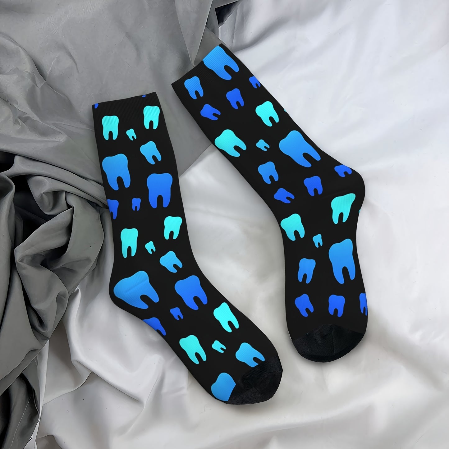 Novelty crew socks with 3D teeth print for all seasons- breathable and comfortable fit.