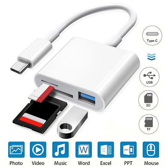 USB Type-C card reader for SD and TF cards, fast data transfer, compact design, compatible with smartphones, tablets, and laptops, white color, durable metallic finish.