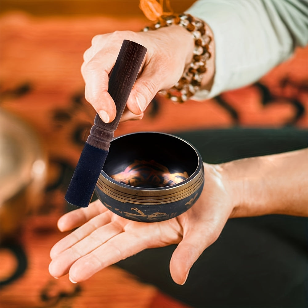 Tibetan Copper Singing Bowl Set with Hammered Design, Mallet & Bag - for Yoga, Meditation, Chakra Balancing