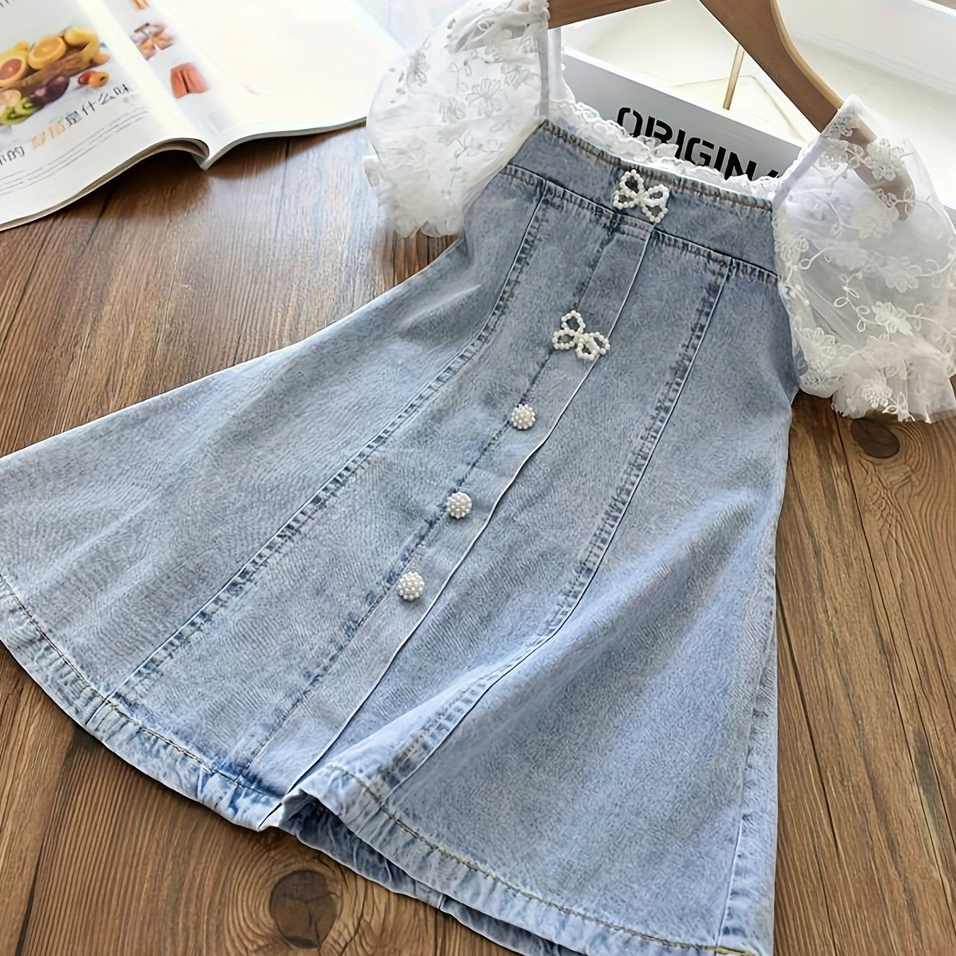 Kids' A-line denim dress with pearl bubble lace sleeves, butterfly details, and bow accent - made of polyester blend with spandex for slight stretch, perfect for summer (ages 12 and under)