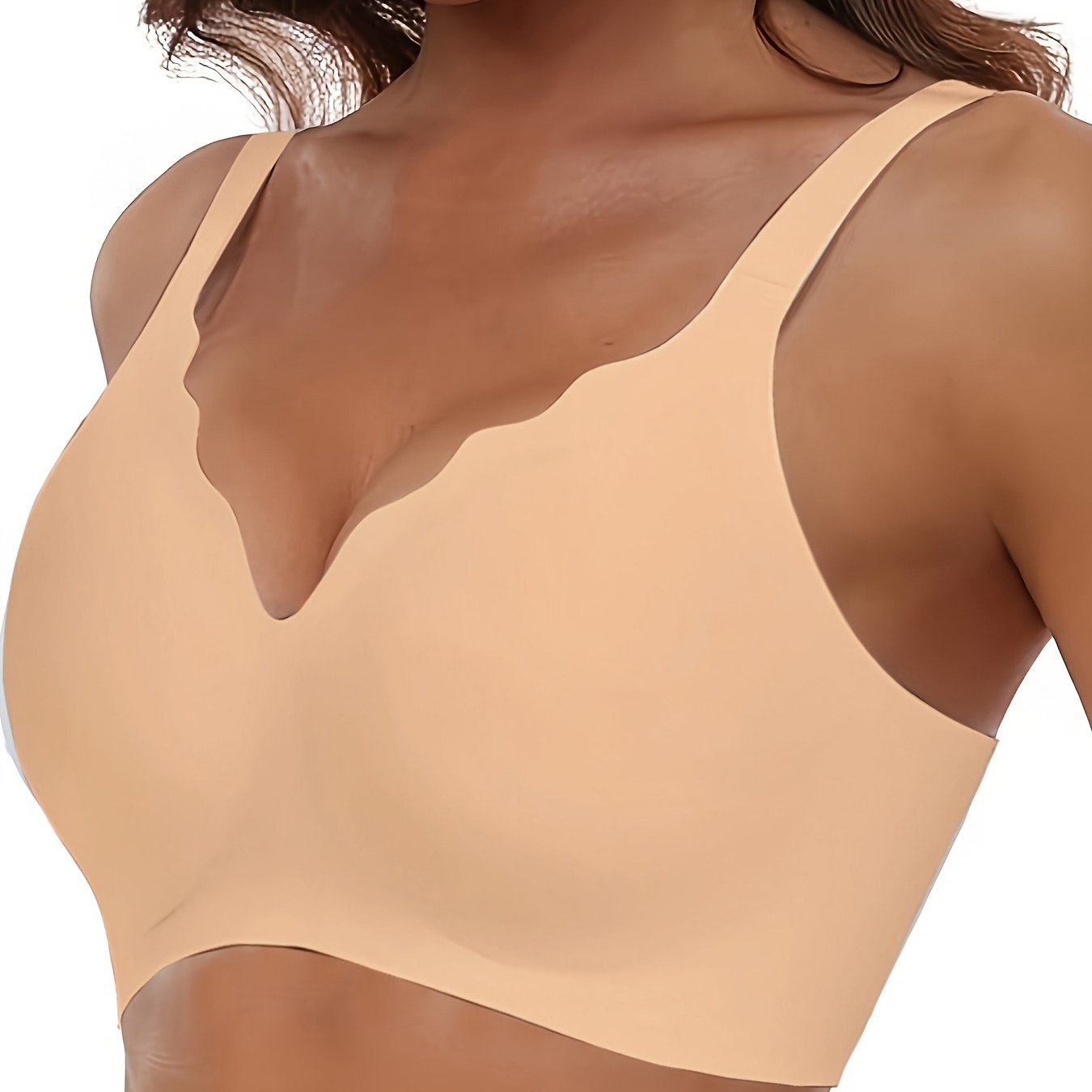 Seamless wireless push-up bra with deep V-neck and scalloped design for comfortable support