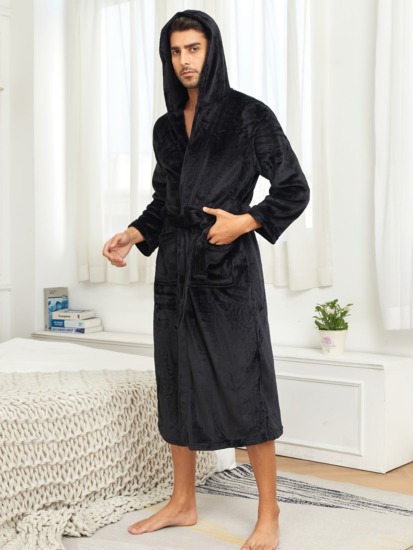 rongtai Men's Plush Fleece Hooded Bathrobe in Green with Side Pockets & Tie Belt, perfect for Autumn/Winter lounging.