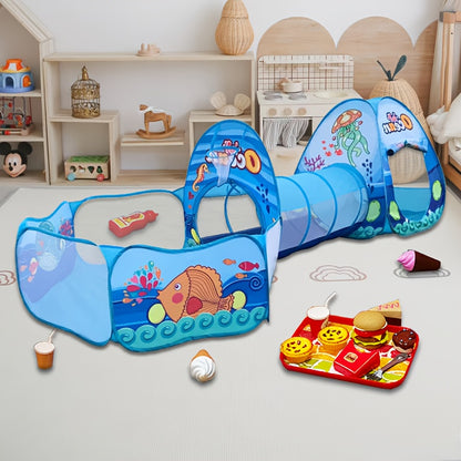 Children's 3-piece playset with ball pool, game tent, tunnel, and pop-up playhouse toys. Suitable for both boys and girls over 3 years old. Comes with a storage bag. Perfect birthday gift.